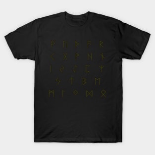 Futhark Rune Alphabet Stickers in Burnt Wood and Green Sap T-Shirt